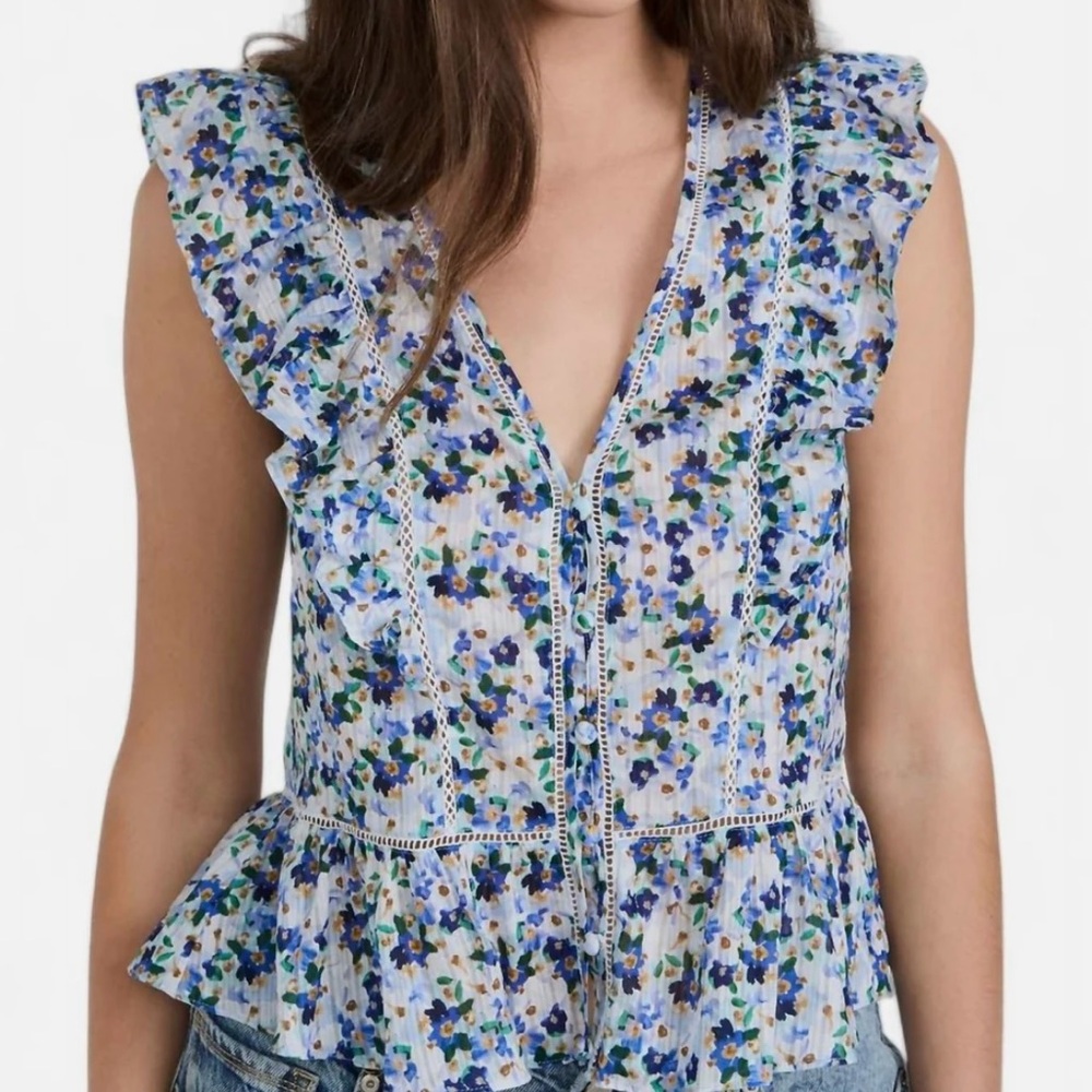 VERONICA BEARD Blue Floral Ruffle Blouse